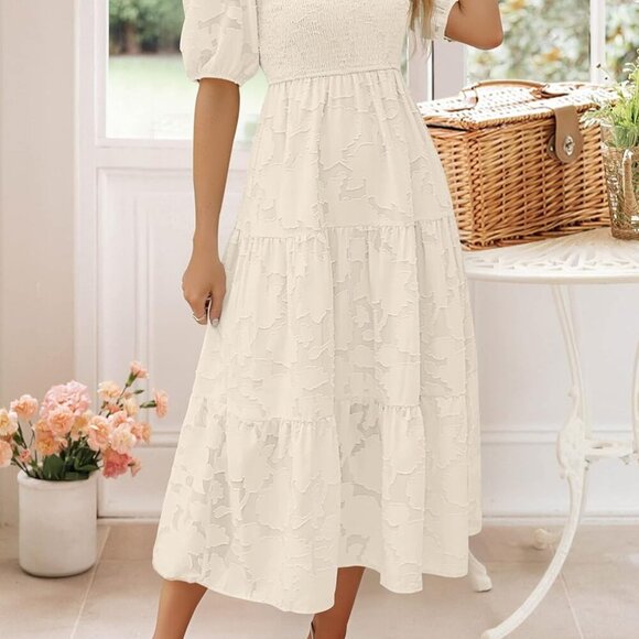 Women's 2025 Summer Short Puff Sleeve Crewneck Smocked Floral Lace Flowy A Line - Picture 6 of 7